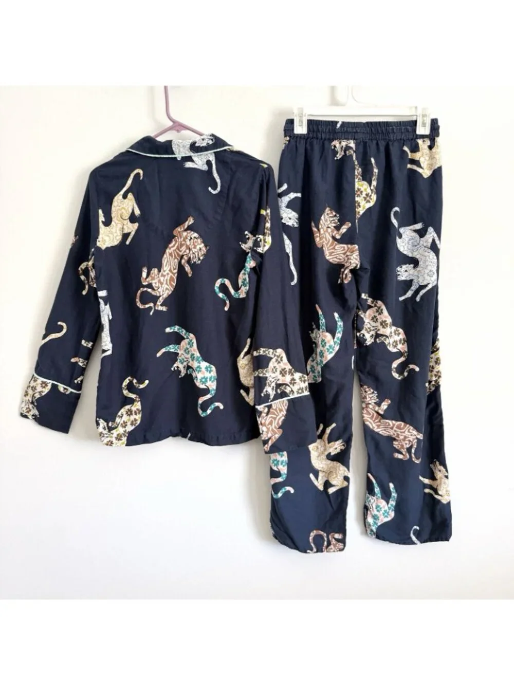 Anthropologie Navy Blue Leopard Print Flannel Pajama Set Shirt Pants Women’s XS